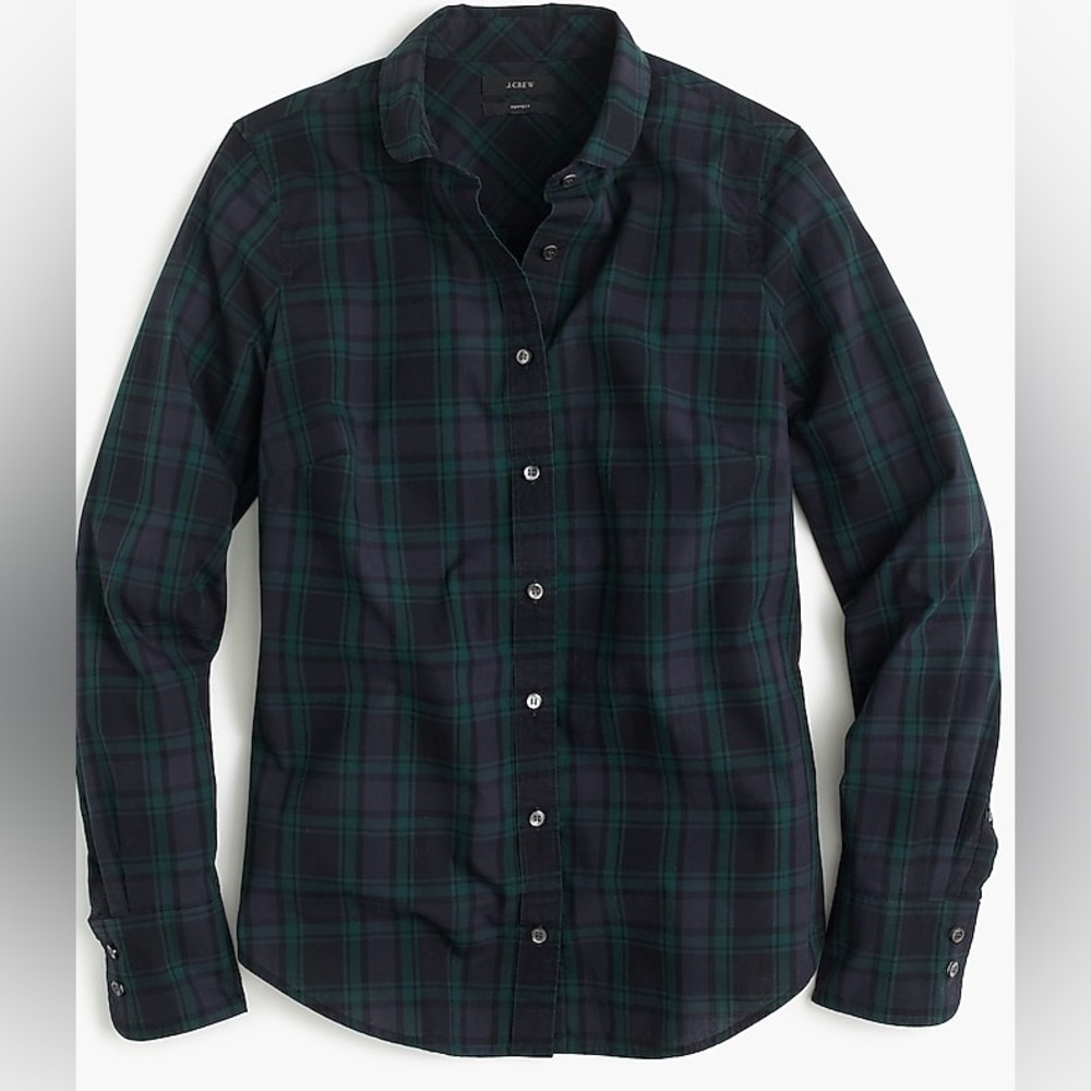 JCrew Club-collar perfect shirt in Black Watch plaid, NWT size 14